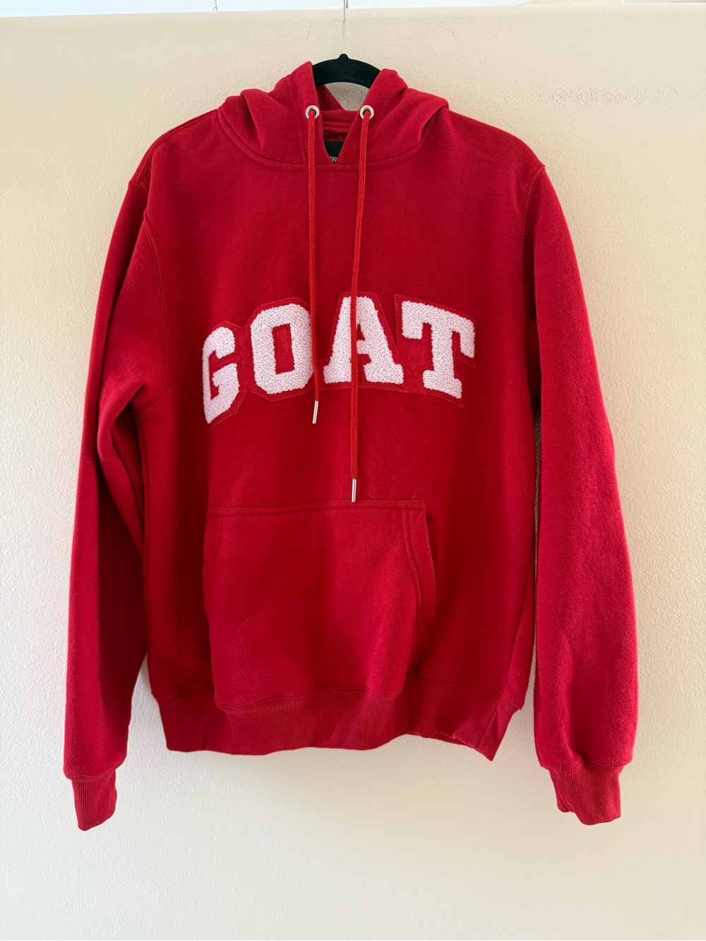 SneakGallery Red Crewneck Hoodie with White 'GOAT' Chenille Logo Unisex